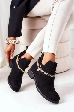 Boto Czarne Botki|Botki Zamszowe*Zamszowe Botki Z Łańcuszkiem Czarne Elvira