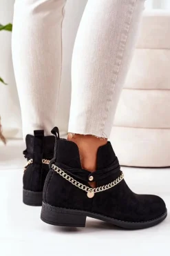 Boto Czarne Botki|Botki Zamszowe*Zamszowe Botki Z Łańcuszkiem Czarne Elvira