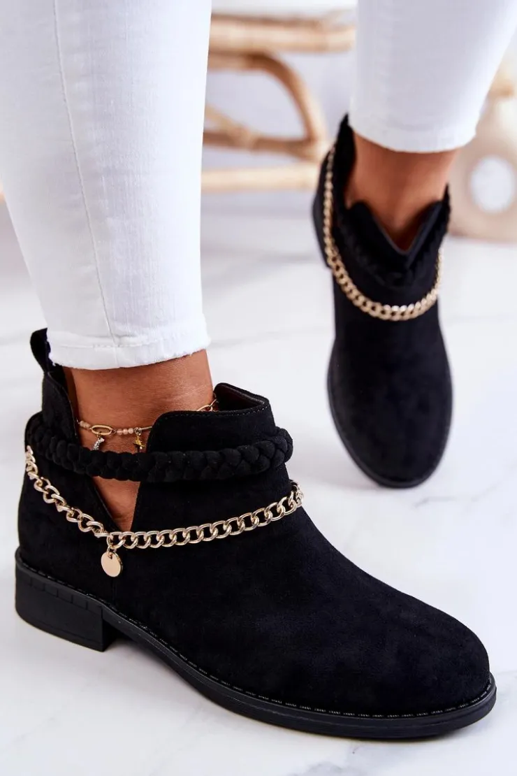 Best Boto Zamszowe Botki Z Łańcuszkiem Czarne Talitha