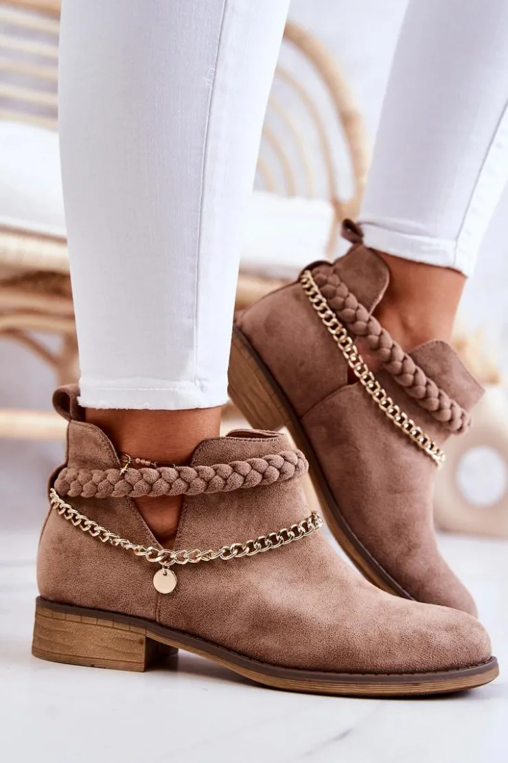 Damskie Boto Zamszowe Botki Z Łańcuszkiem Brązowe Talitha
