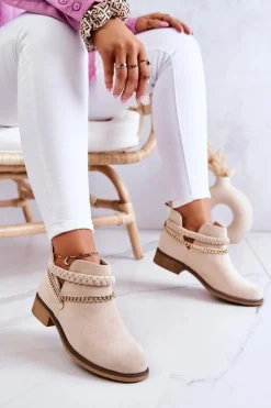 Boto Botki Wiosenne|Czarne Botki*Zamszowe Botki Z Łańcuszkiem Beżowe Talitha