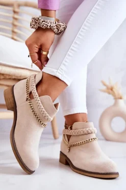 Boto Botki Wiosenne|Czarne Botki*Zamszowe Botki Z Łańcuszkiem Beżowe Talitha