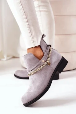 Damskie Boto Zamszowe Botki Z Łańcuszkiem Szare Elvira