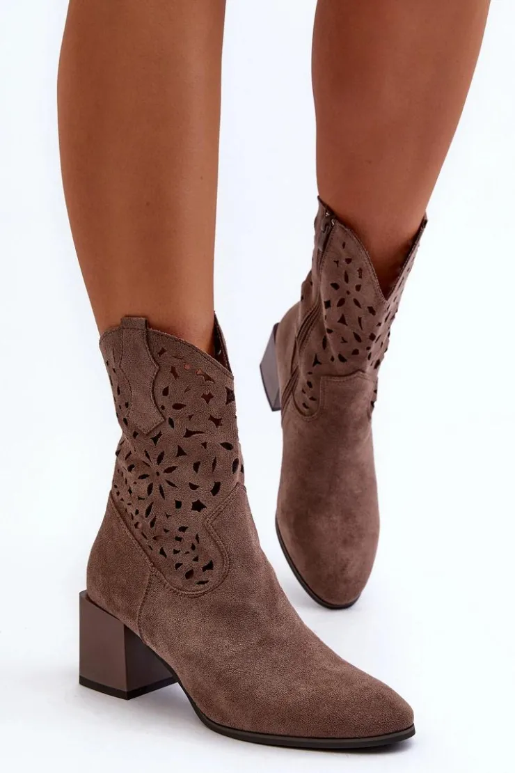 New Boto Zamszowe Botki Z Ażurową Cholewką Na Klocku Brązowe Irvelame