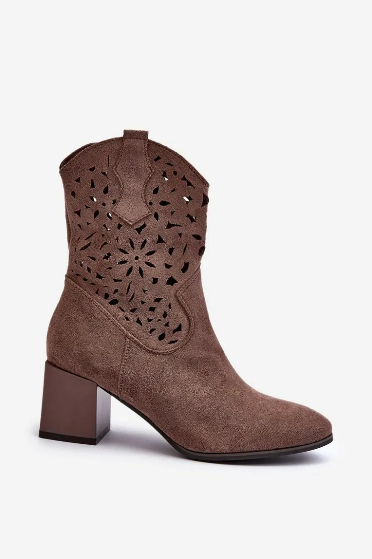 New Boto Zamszowe Botki Z Ażurową Cholewką Na Klocku Brązowe Irvelame