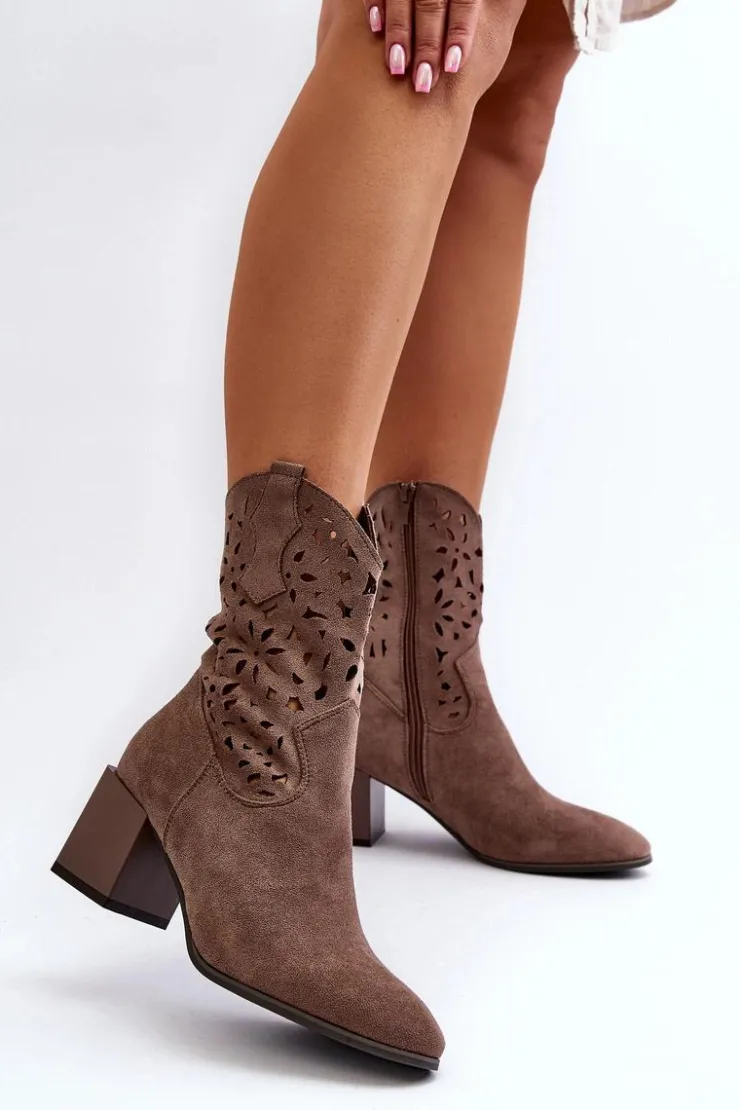 New Boto Zamszowe Botki Z Ażurową Cholewką Na Klocku Brązowe Irvelame