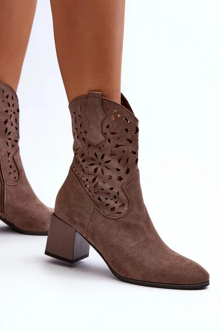 New Boto Zamszowe Botki Z Ażurową Cholewką Na Klocku Brązowe Irvelame