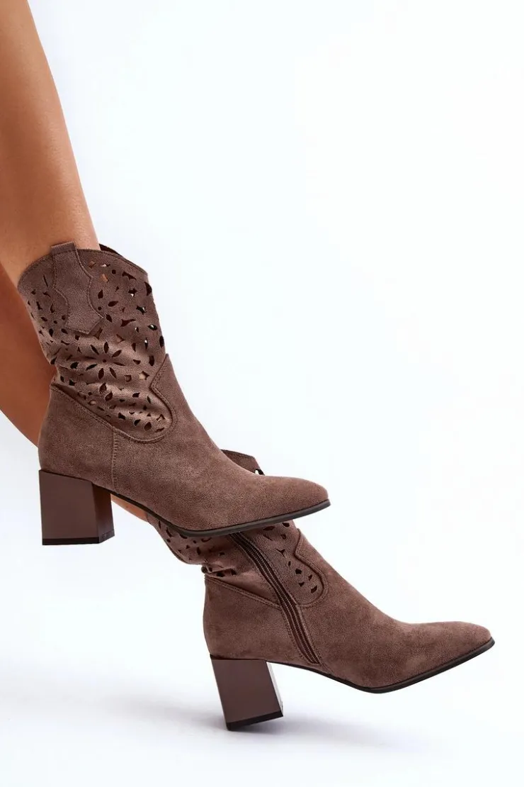 New Boto Zamszowe Botki Z Ażurową Cholewką Na Klocku Brązowe Irvelame
