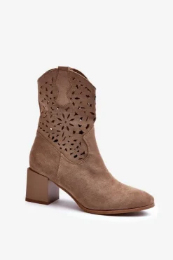 Boto Botki Wiosenne|Botki Ażurowe*Zamszowe Botki Z Ażurową Cholewką Na Klocku Ciemnobeżowe Irvelame