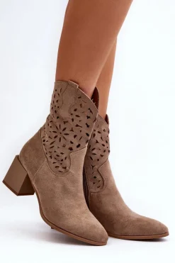 Boto Botki Wiosenne|Botki Ażurowe*Zamszowe Botki Z Ażurową Cholewką Na Klocku Ciemnobeżowe Irvelame