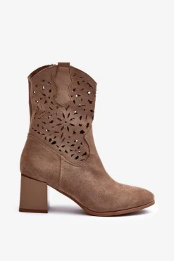 Boto Botki Wiosenne|Botki Ażurowe*Zamszowe Botki Z Ażurową Cholewką Na Klocku Ciemnobeżowe Irvelame