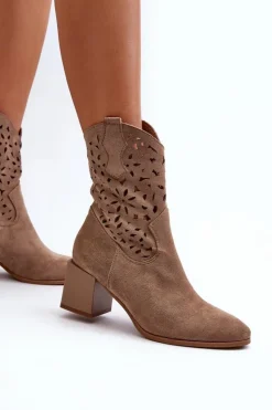 Boto Botki Wiosenne|Botki Ażurowe*Zamszowe Botki Z Ażurową Cholewką Na Klocku Ciemnobeżowe Irvelame