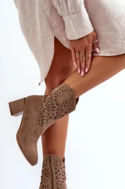 Boto Botki Wiosenne|Botki Ażurowe*Zamszowe Botki Z Ażurową Cholewką Na Klocku Ciemnobeżowe Irvelame