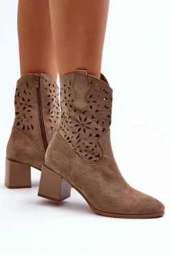 Boto Botki Wiosenne|Botki Ażurowe*Zamszowe Botki Z Ażurową Cholewką Na Klocku Ciemnobeżowe Irvelame