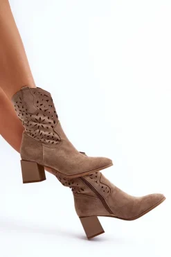 Boto Botki Wiosenne|Botki Ażurowe*Zamszowe Botki Z Ażurową Cholewką Na Klocku Ciemnobeżowe Irvelame