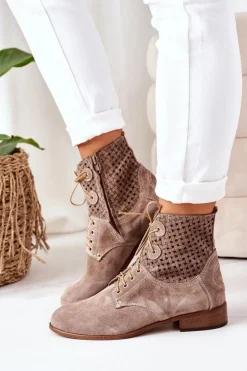 Boto Botki Wiosenne|Botki Sznurowane*Zamszowe Botki Z Ażurowym Wzorem Cappuccino Josie