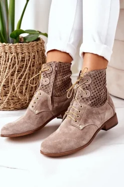 Boto Botki Wiosenne|Botki Sznurowane*Zamszowe Botki Z Ażurowym Wzorem Cappuccino Josie