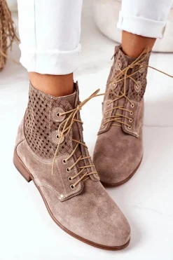Boto Botki Wiosenne|Botki Sznurowane*Zamszowe Botki Z Ażurowym Wzorem Cappuccino Josie