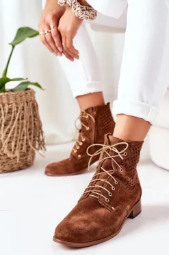 Damskie Boto Zamszowe Botki Z Ażurowym Wzorem Brązowe Josie