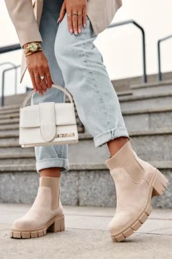 Boto Botki Wiosenne|Brązowe I Beżowe Botki*Zamszowe Botki Z Elastyczną Wstawką Beżowe Anyfer