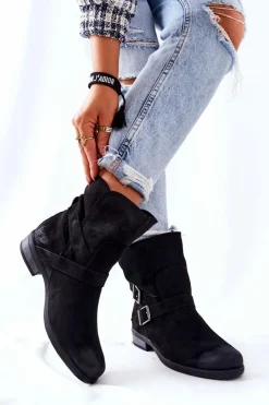 Damskie Boto Zamszowe Botki Z Klamrami Czarne Renisse