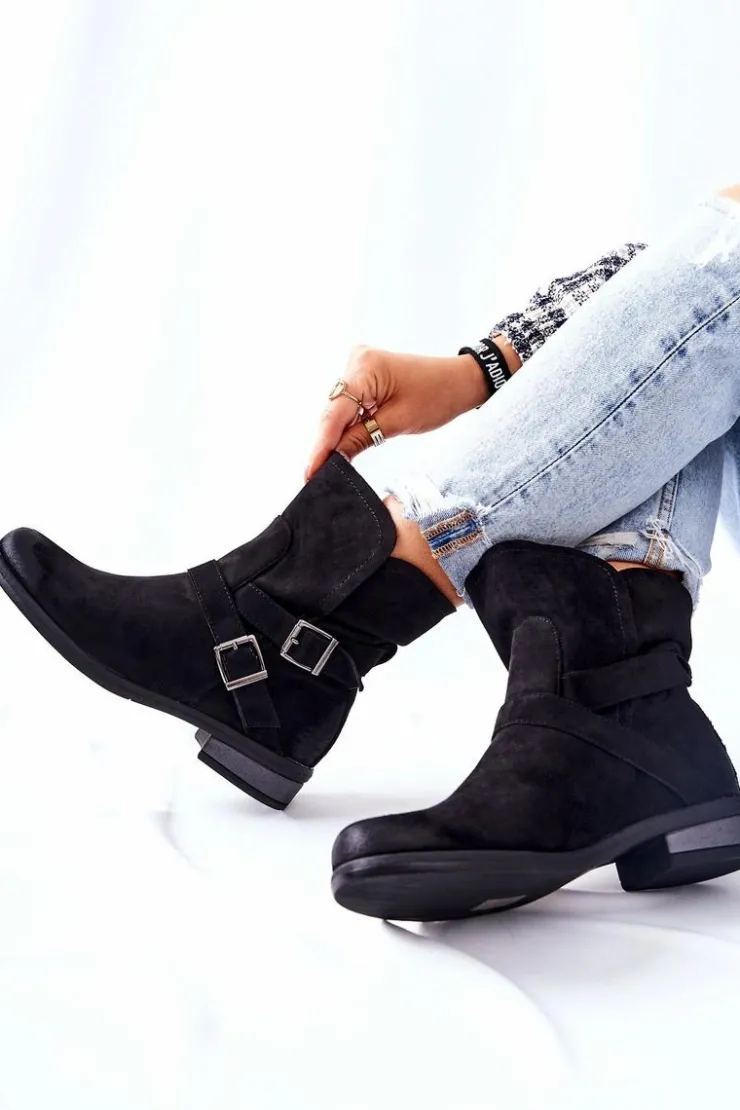 Damskie Boto Zamszowe Botki Z Klamrami Czarne Renisse