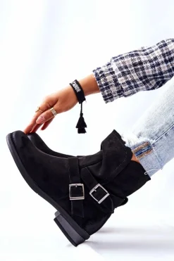 Damskie Boto Zamszowe Botki Z Klamrami Czarne Renisse