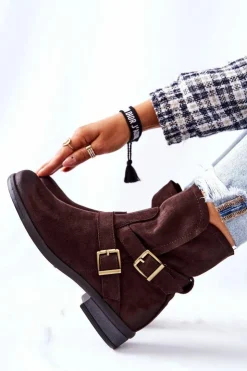 Hot Boto Zamszowe Botki Z Klamrami Brązowe Renisse