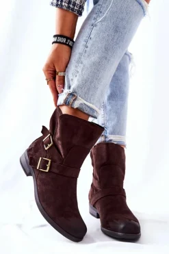 Hot Boto Zamszowe Botki Z Klamrami Brązowe Renisse