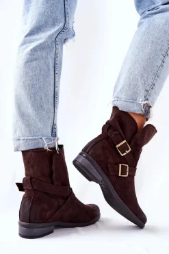 Hot Boto Zamszowe Botki Z Klamrami Brązowe Renisse