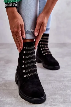 Damskie Boto Zamszowe Botki Z Ozdobnymi Paskami Czarne Malesia