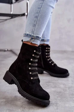 Damskie Boto Zamszowe Botki Z Ozdobnymi Paskami Czarne Malesia