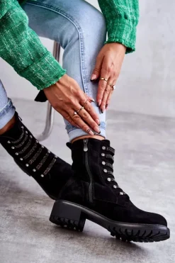 Damskie Boto Zamszowe Botki Z Ozdobnymi Paskami Czarne Malesia