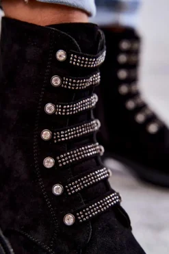 Damskie Boto Zamszowe Botki Z Ozdobnymi Paskami Czarne Malesia