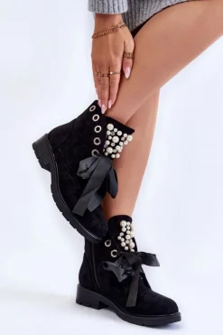 Boto Botki Sznurowane|Czarne Botki*Zamszowe Botki Z Perełkami I Wstążką Czarne Perla