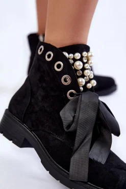 Boto Botki Sznurowane|Czarne Botki*Zamszowe Botki Z Perełkami I Wstążką Czarne Perla
