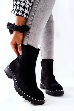 Damskie Boto Zamszowe Botki Z Perełkami Czarne Venie