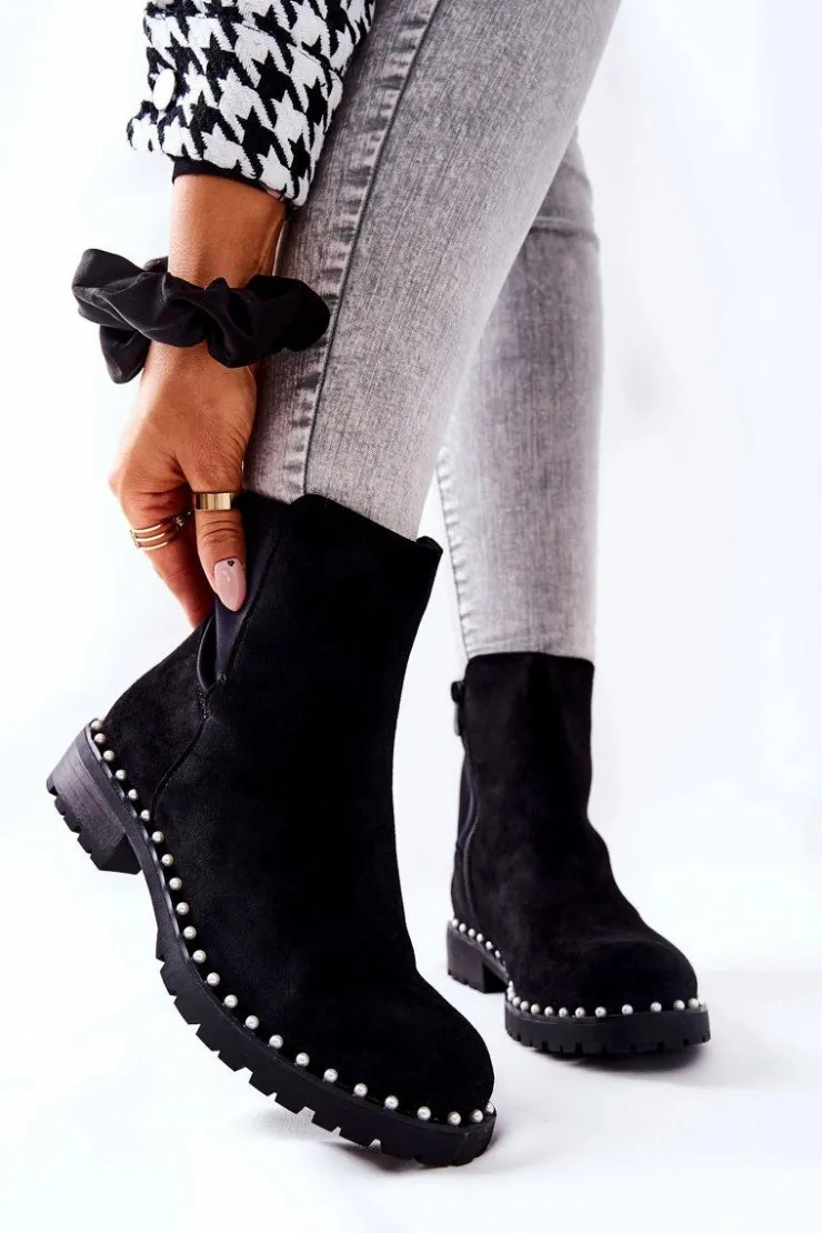 Damskie Boto Zamszowe Botki Z Perełkami Czarne Venie