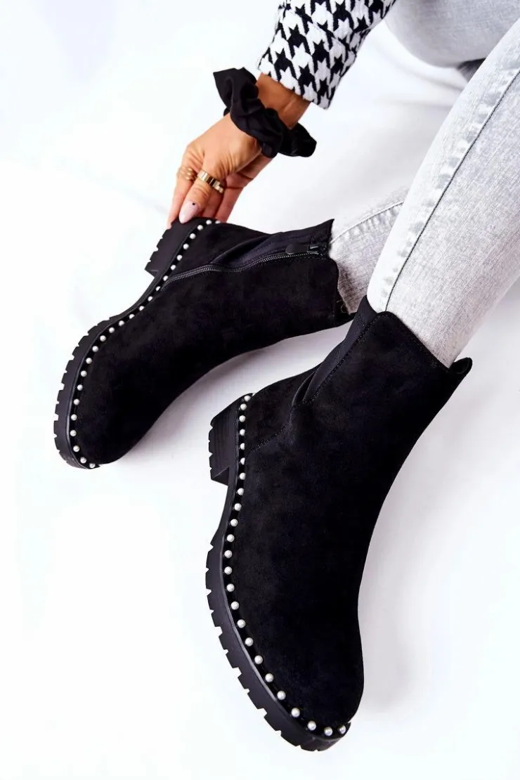 Damskie Boto Zamszowe Botki Z Perełkami Czarne Venie