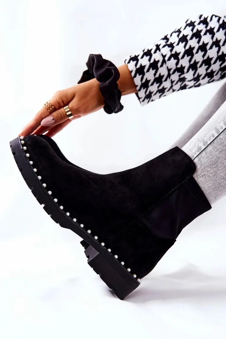 Damskie Boto Zamszowe Botki Z Perełkami Czarne Venie