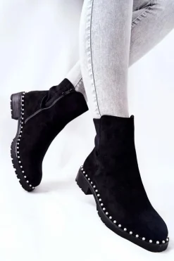 Damskie Boto Zamszowe Botki Z Perełkami Czarne Venie