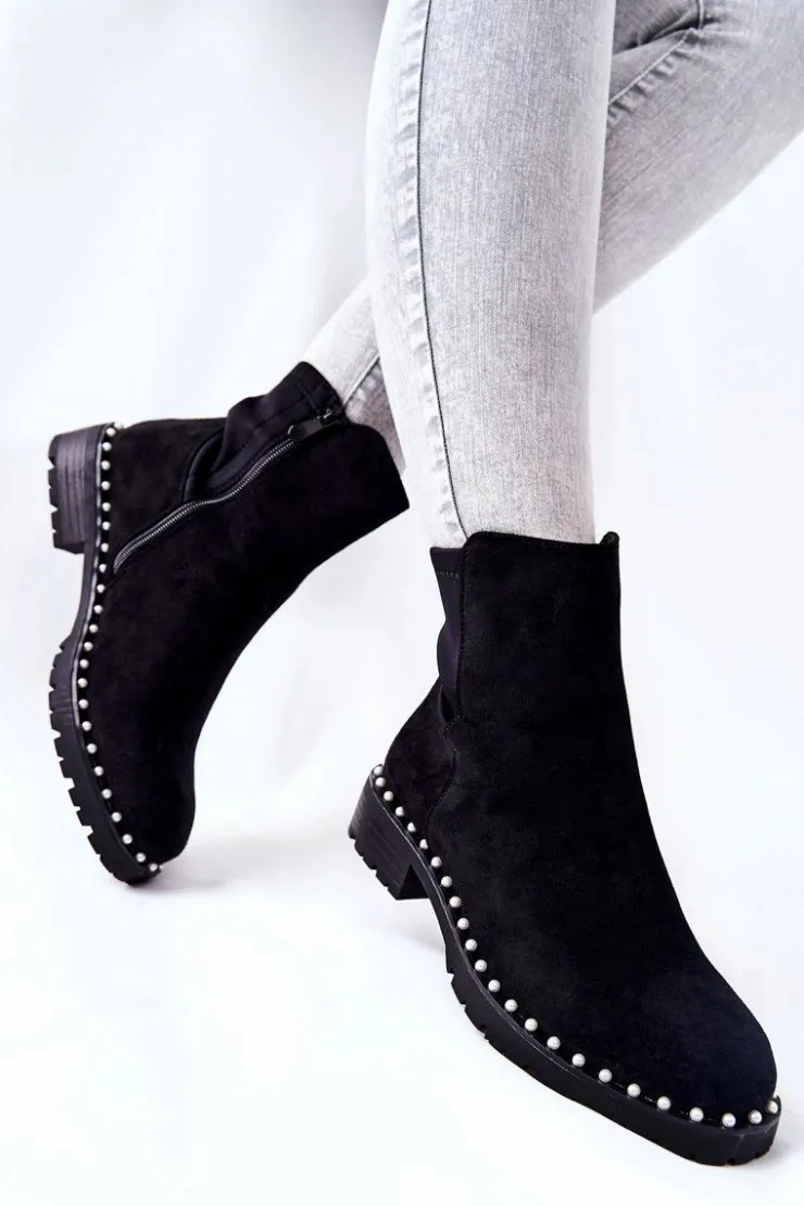 Damskie Boto Zamszowe Botki Z Perełkami Czarne Venie