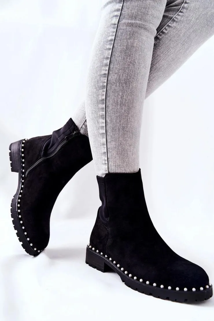 Damskie Boto Zamszowe Botki Z Perełkami Czarne Venie