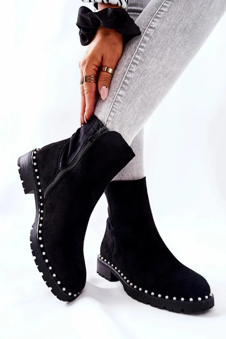 Damskie Boto Zamszowe Botki Z Perełkami Czarne Venie