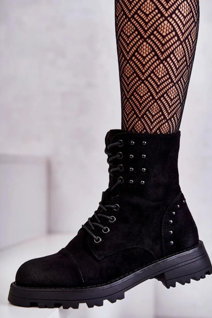 Boto Botki Ocieplane|Botki Sznurowane*Zamszowe Botki Z Ćwiekami Czarne Palmira Czarny