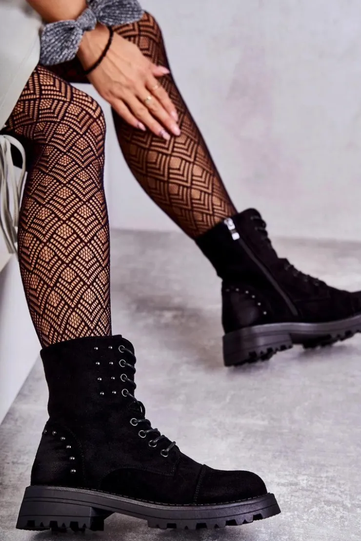 Boto Botki Ocieplane|Botki Sznurowane*Zamszowe Botki Z Ćwiekami Czarne Palmira Czarny