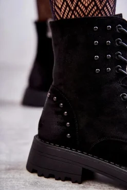 Boto Botki Ocieplane|Botki Sznurowane*Zamszowe Botki Z Ćwiekami Czarne Palmira Czarny