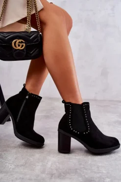 Damskie Boto Zamszowe Botki Z Ćwiekami Na Słupku Czarne Cambia