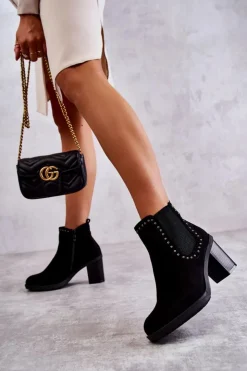 Damskie Boto Zamszowe Botki Z Ćwiekami Na Słupku Czarne Cambia