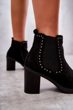 Damskie Boto Zamszowe Botki Z Ćwiekami Na Słupku Czarne Cambia